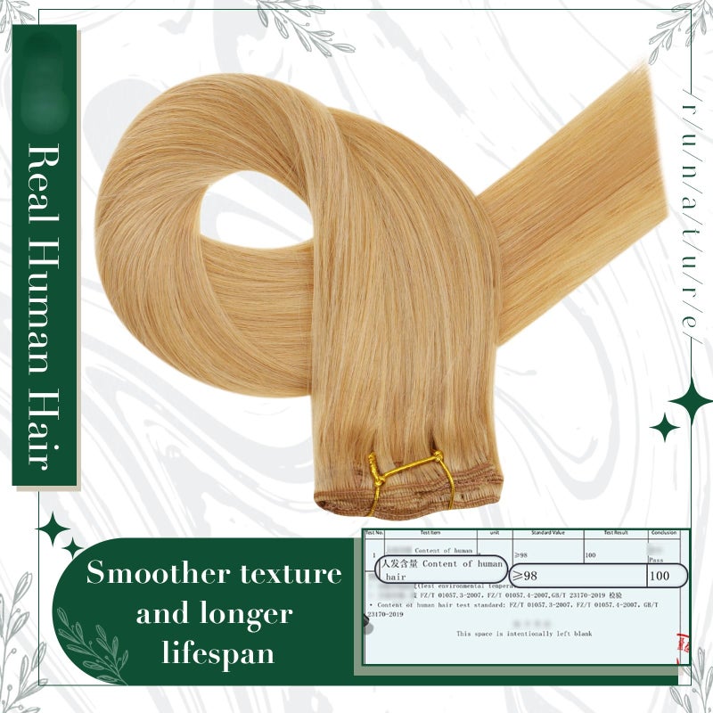 RUNATURE Real Human Hair Clip in Extensions Blonde, 14 Inch Clip in Hair Extensions Human Hair, Remy Hair Extensions Clip Ins, Easy to Maintain, 50g 3pcs #16P24 Golden Blonde Highlight - Image 4